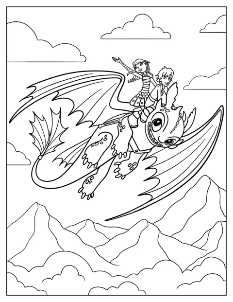 Hiccup och Astrid flyger tillsammans på draken Toothless.
