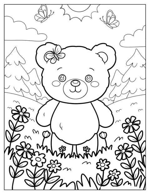 Pretty Teddy Bear Coloring Page in a Sunny Meadow with Butterflies for Kids