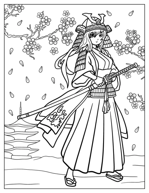 Female Samurai Coloring Page Under A Cherry Blossom Tree