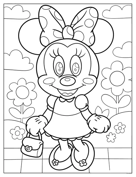 Minnie Maus trägt eine Handtasche und lächelt.