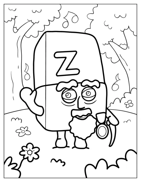 Dziadek Alphablock Z stoi z uśmiechem.