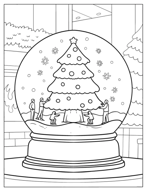 Dentro do globo, pessoas estão junto a uma árvore enquanto caem flocos de neve.