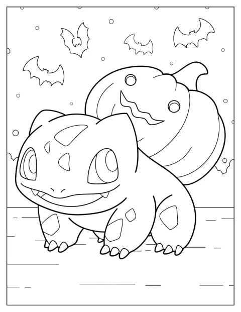 Bulbasaur porta una lanterna a forma di zucca per Halloween.