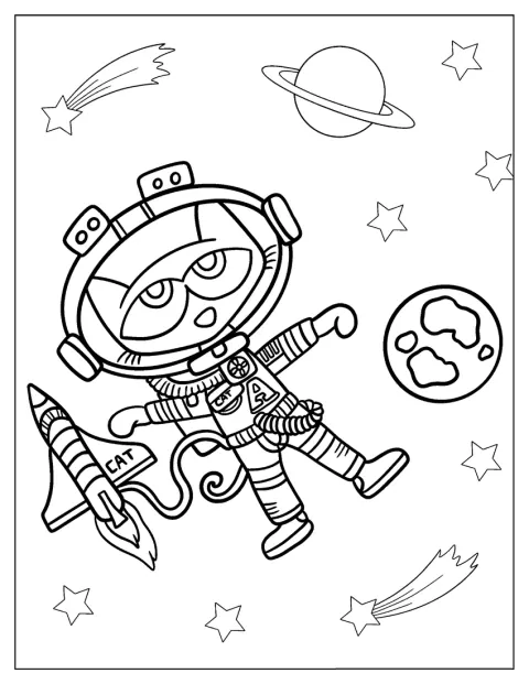 Pete the Cat viaggia nello spazio tra stelle e pianeti.