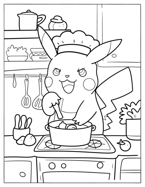 Pikachu prepara da mangiare ai fornelli.