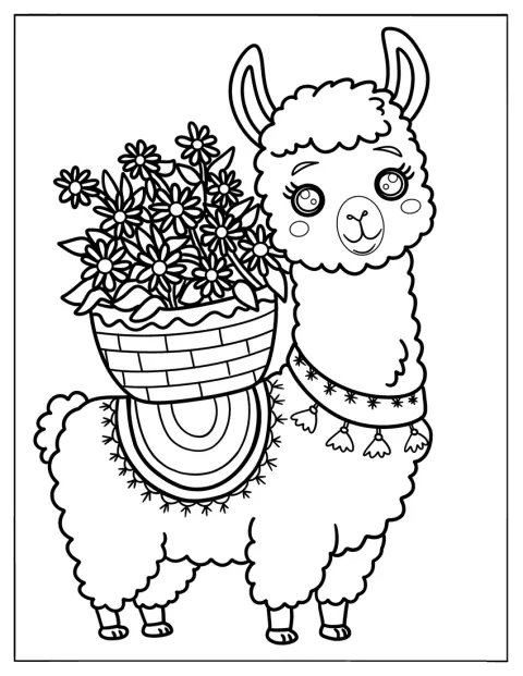 Un joli lama transporte un panier rempli de fleurs.