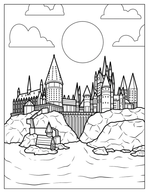 El castillo de Hogwarts se alza con sus numerosas torres y detalles.