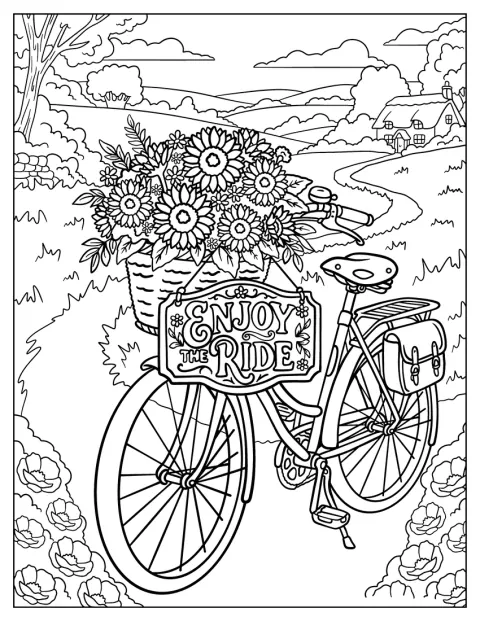 Una bicicleta con el lema «Enjoy the Ride» recorre una carretera rural entre girasoles.