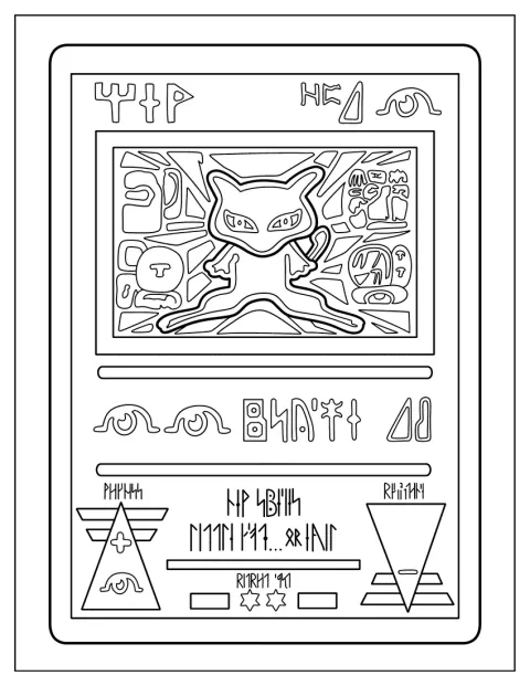 Mewtwo apare alături de hieroglife pe o carte Pokémon.
