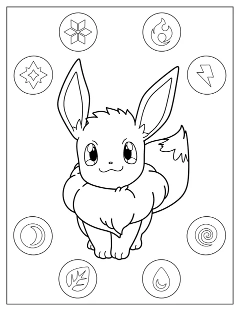 Eevee pozuje obok kilku odznak.