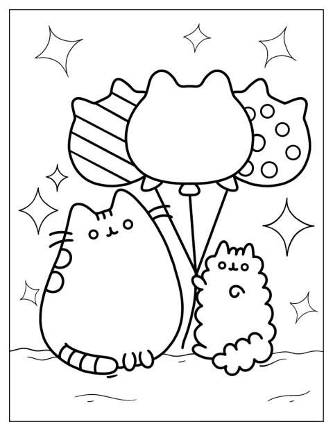 Stormy y Pusheen sujetan globos en una escena festiva.