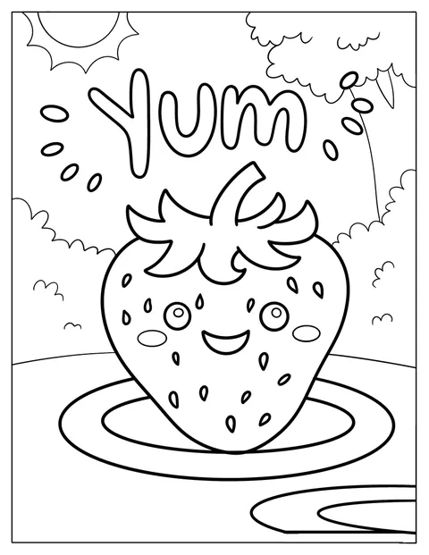 Um morango de desenhos animados sorri, com olhos e folhas.