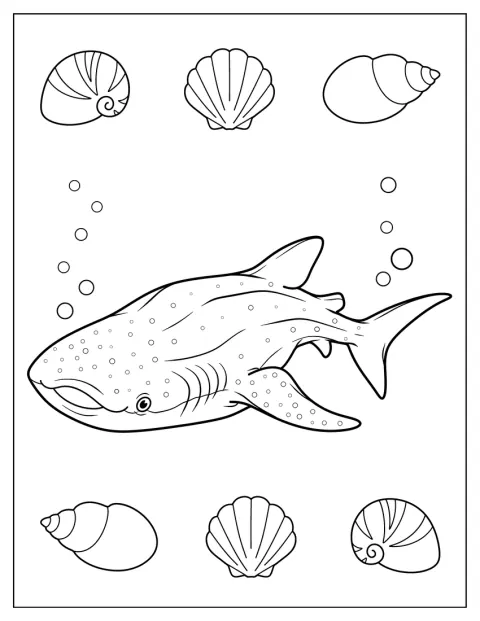 かわいらしいジンベエザメが、海辺の貝殻に囲まれています。