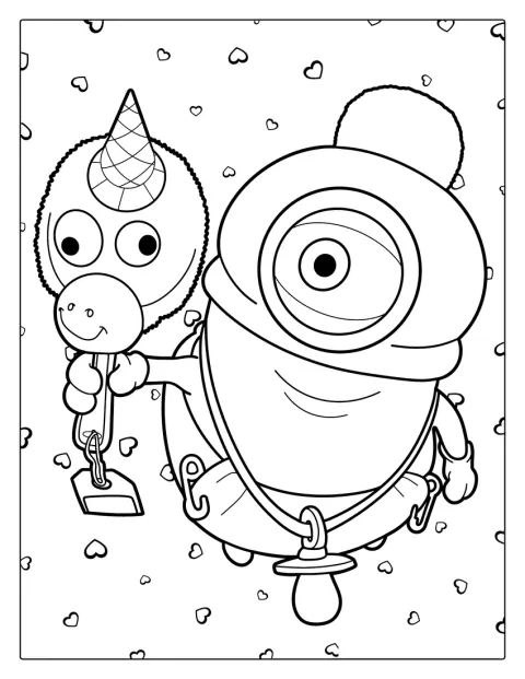 Stuart poartă un costum de bebeluș și ține o jucărie în formă de unicorn.