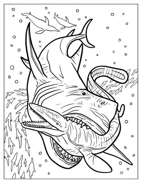 Megalodon puree mosasaurusta meressä.