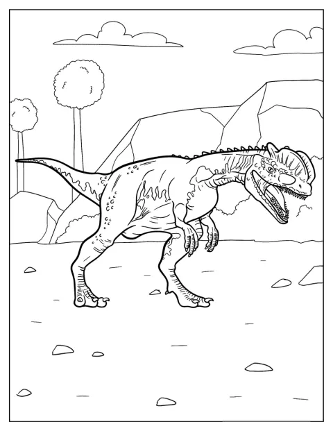 Ein Dilophosaurus mit auffälligem Kopfkamm läuft durchs Gelände.