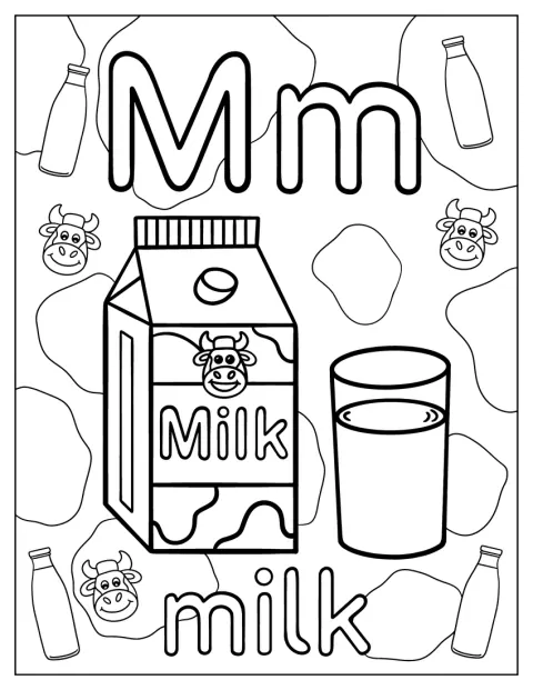 Un bicchiere di latte accompagna la lettera M su una scheda illustrata.