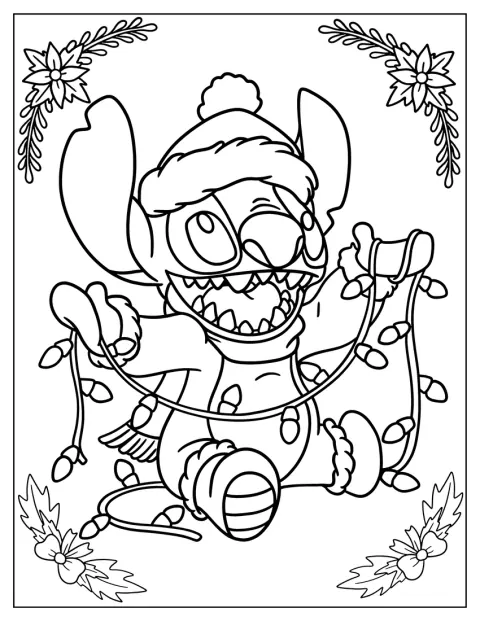 Stitch hält eine Lichterkette mit Weihnachtslichtern.