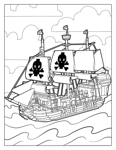 Una nave pirata LEGO solca il mare con vele spiegate.