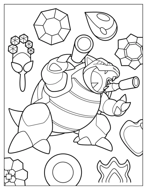 Mega Blastoise ryczy, szeroko otwierając paszczę.