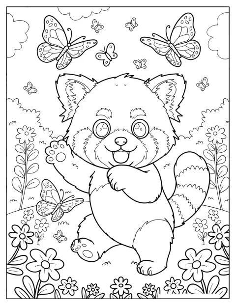 In een bloementuin danst een rode panda tussen de bloemen.