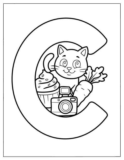 大文字のCと、猫、にんじん、カップケーキ、カメラが並んでいます。