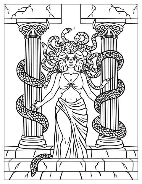 Medusa med slangehår står foran forfalne søyler fra antikkens Hellas.