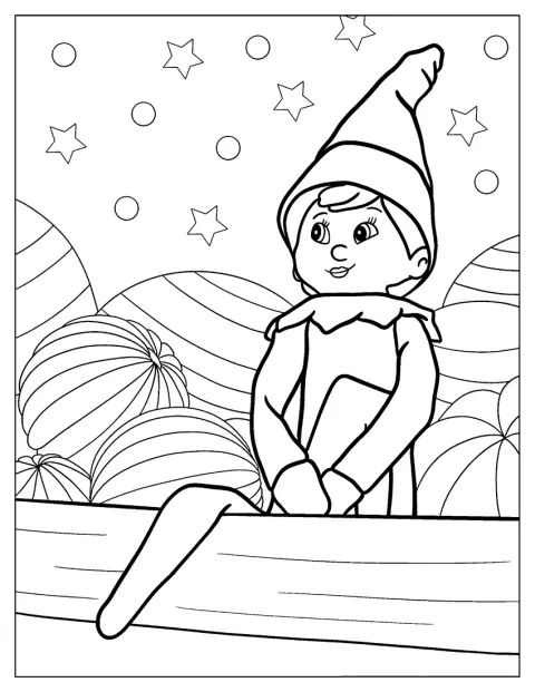 Elf on the Shelf este înconjurat de globuri de Crăciun.