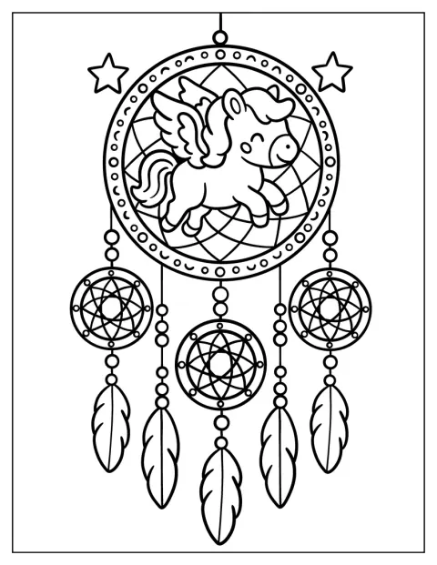 Un atrapasueños con forma de Pegaso está decorado con estrellas y plumas.