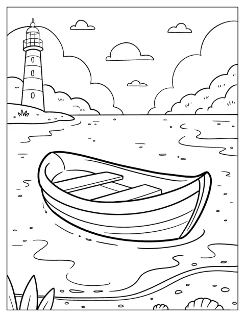 O barcă plutește pe un lac liniștit, lângă un far și sub cerul înnorat.
