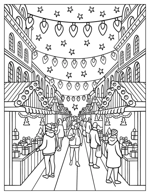 Unas luces de Navidad cuelgan sobre los puestos de un mercado nocturno.