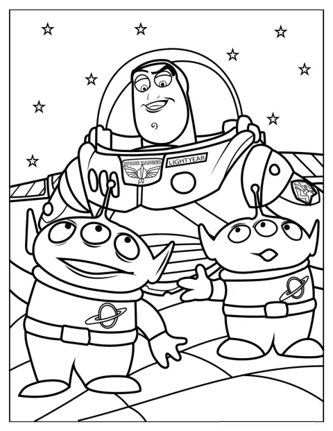 Buzz Lightyear posa accanto agli alieni.