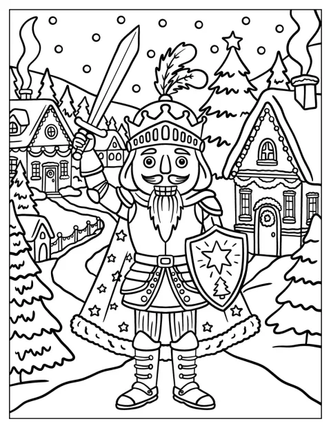 En nøddeknækker-ridder holder sværd og skjold i en snedækket landsby.