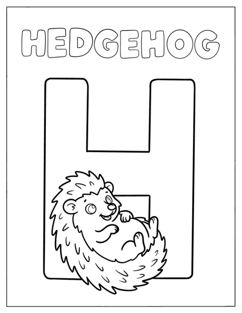 ハリネズミが、大きなHの文字の隣で寝そべっています。