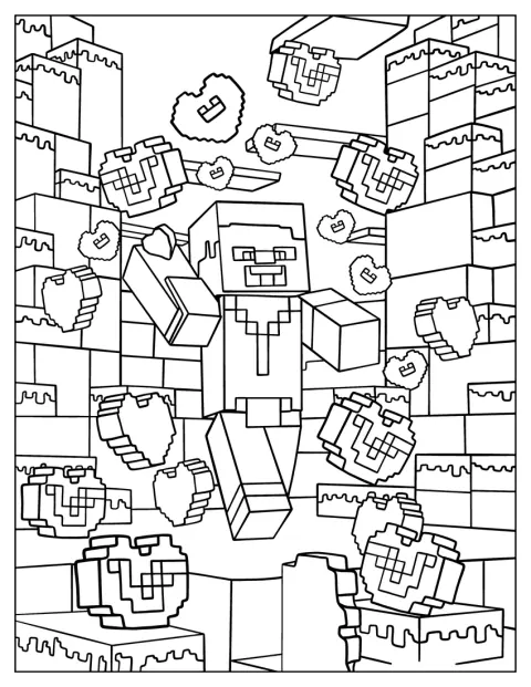 マインクラフトのスティーブがハートの中を走っています。