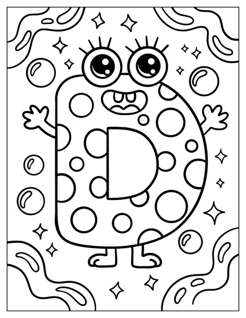 Um monstro divertido com bolinhas acompanha a letra D.