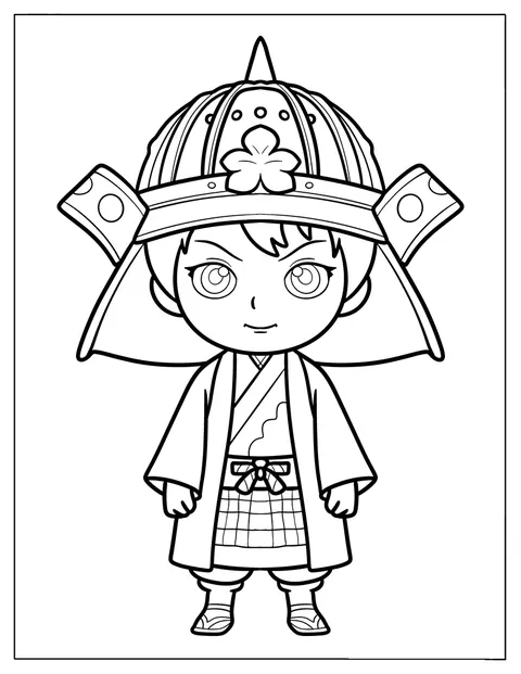 Un giovane samurai chibi indossa abiti da battaglia e assume una posa fiera.