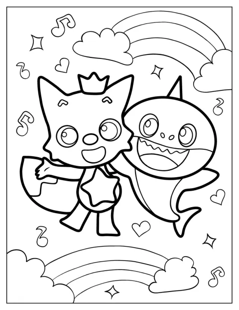 Der niedliche Pinkfong und Baby Shark stehen zusammen.