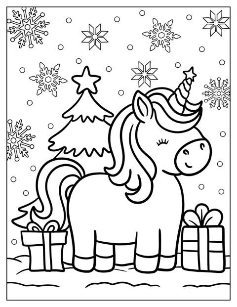 À côté de paquets cadeaux, une licorne affiche un air joyeux.