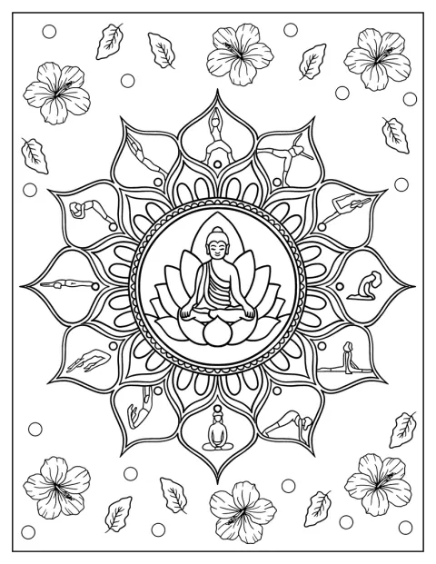 蓮の花に座るシヴァを囲んで、花びらにさまざまなヨガのポーズが描かれています。