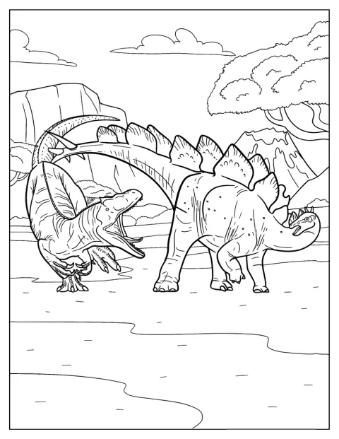 Un Allosaurus rugit face à un stégosaure.