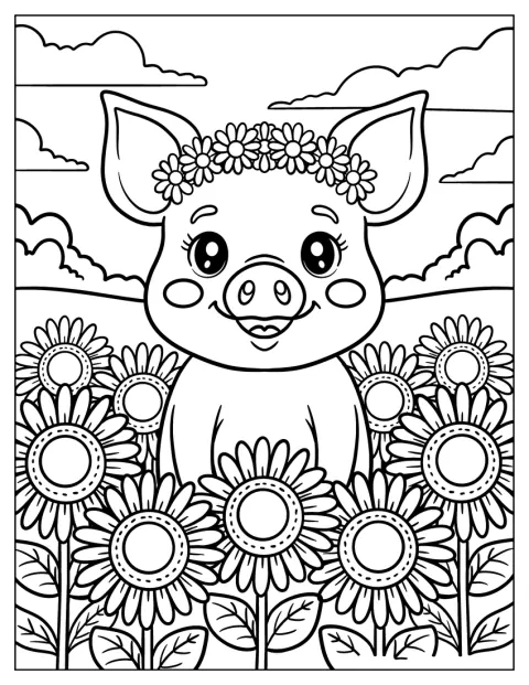 En gris med blomsterkrans står mellom høye solsikker.