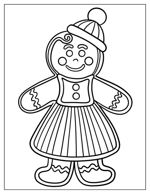 Una galleta de jengibre con vestido y sombrero posa en un paisaje invernal.