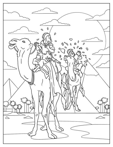 Tintti, Milou ja kapteeni Haddock ratsastavat kameleilla aavikolla.