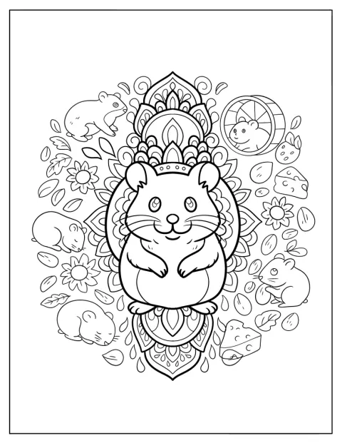 Inmitten eines Blumenmandalas kuschelt ein Hamster zwischen Käse, Blumen und kleinen Hamstern.