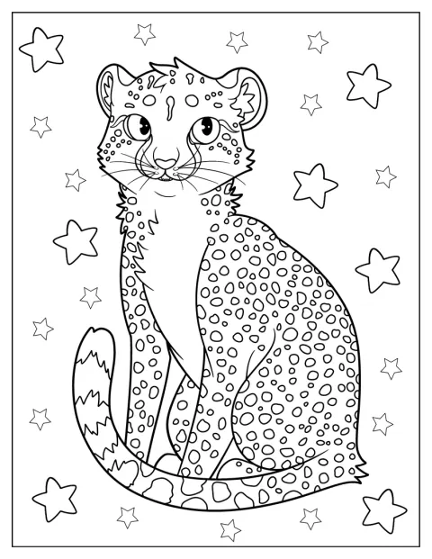 Im Kawaii-Stil sitzt ein Gepardenbaby mit großen Augen.