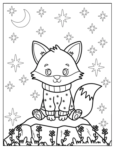 Un renard kawaii portant un pull à flocons est entouré d’étoiles.