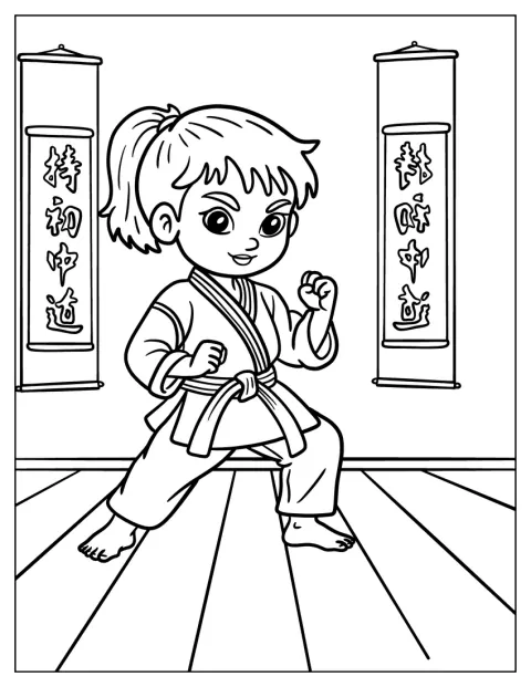Chibi Karate Girl in a Dojo Coloring Sheet for Kids