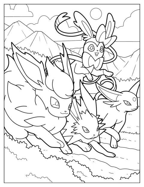 Sylveon está acompanhado por Flareon, Jolteon e Espeon.