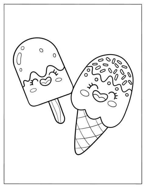 Um cone de gelado e um gelado de pau aparecem em estilo de desenho animado.